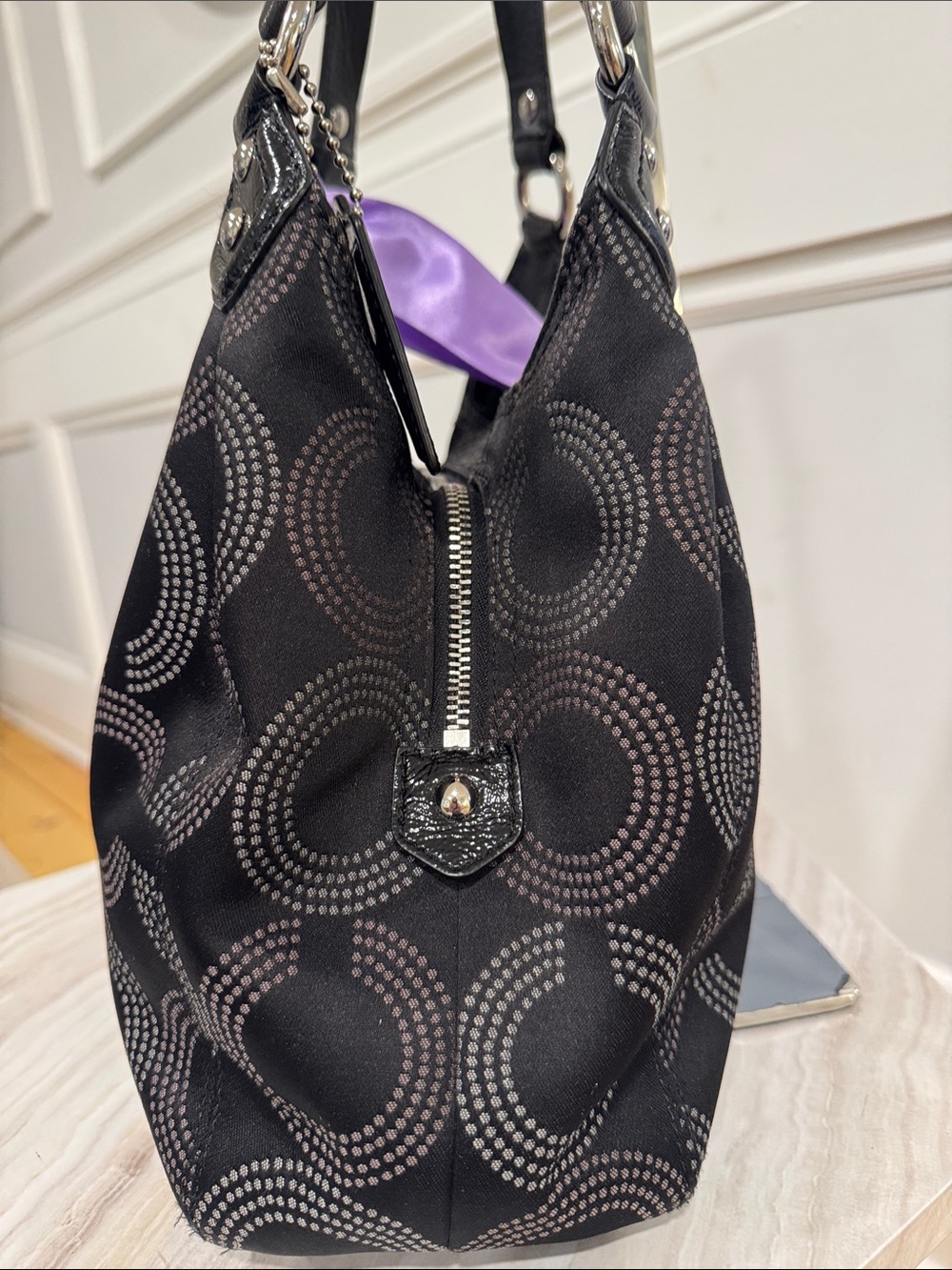 Coach Bag Ashley Dotted Op Art Black Signature Logo Hobo Shoulder Bag - Picture 6 of 17
